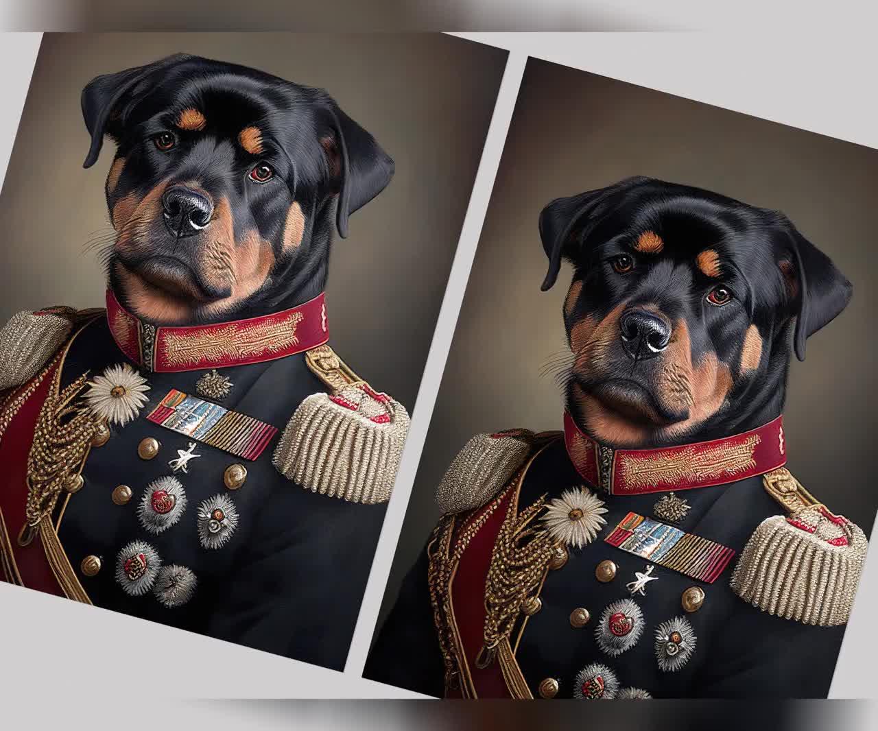 Portrait of a Rottweiler in Military Uniform, Heroic Rottweiler Wall Print,  Dog Poster, Funny Animal Wall Art, Wall Painting